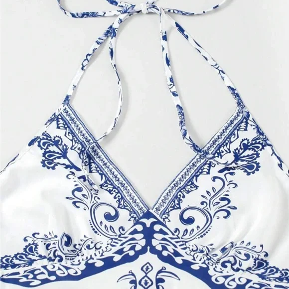 Elegant Blue and White Halter Maxi Dress - Picture 3 of 4